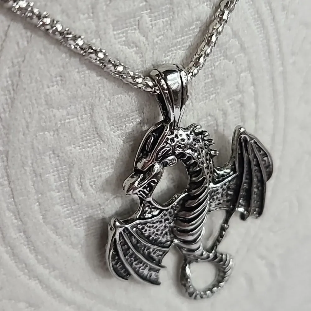 Winged Dragon Necklace Silver Zinc Alloy Pendant Men's Fashion Jewelry Chain
